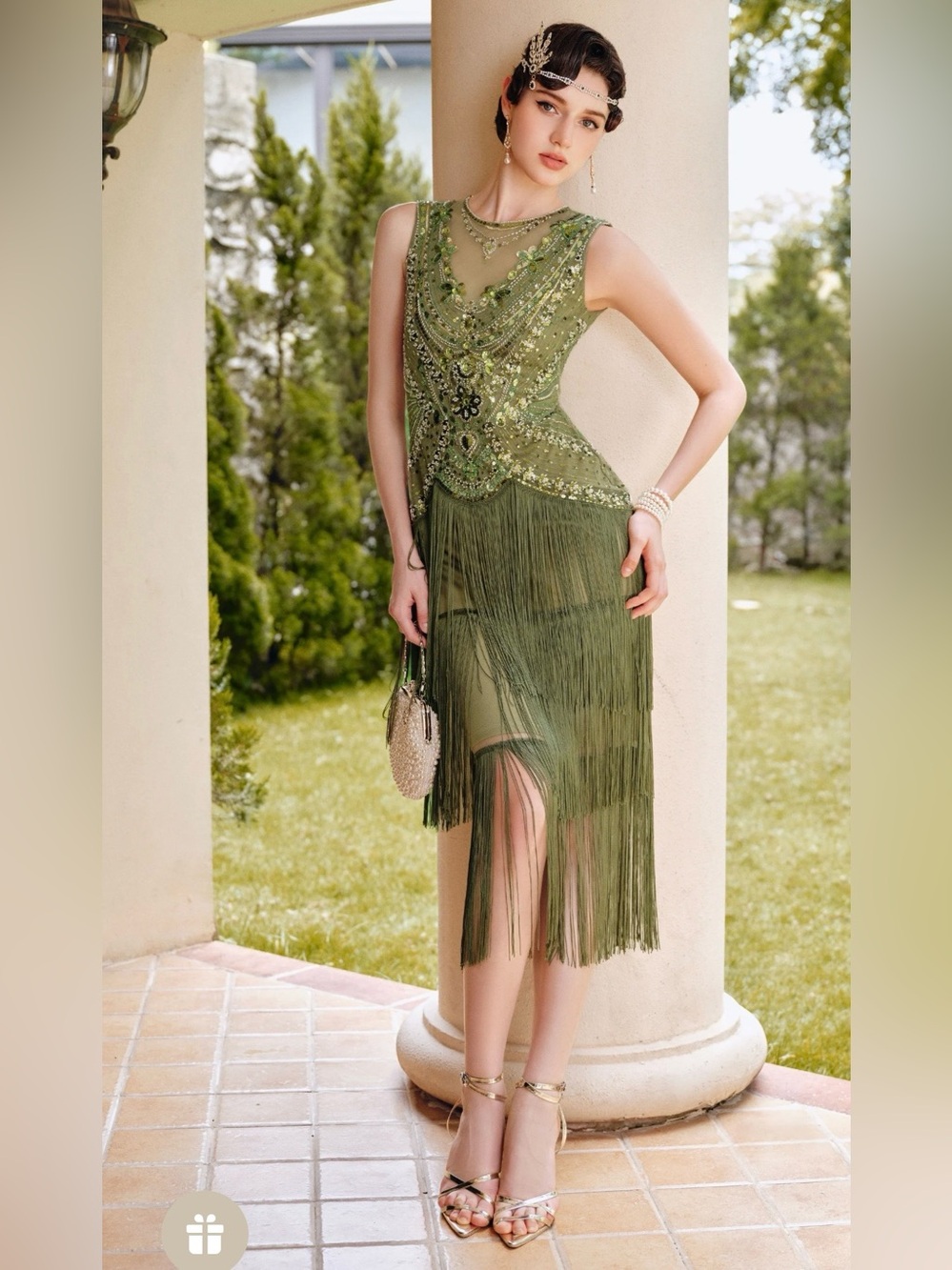 Olive Green Beaded Fringe Dress